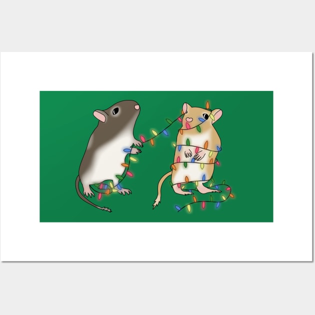 Two cute gerbils with colourful christmas lights Wall Art by Becky-Marie